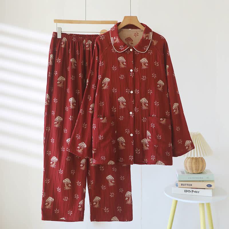 Completo da casa in cotone con stampa di funghi vintage - Rosso - XL - image 0
