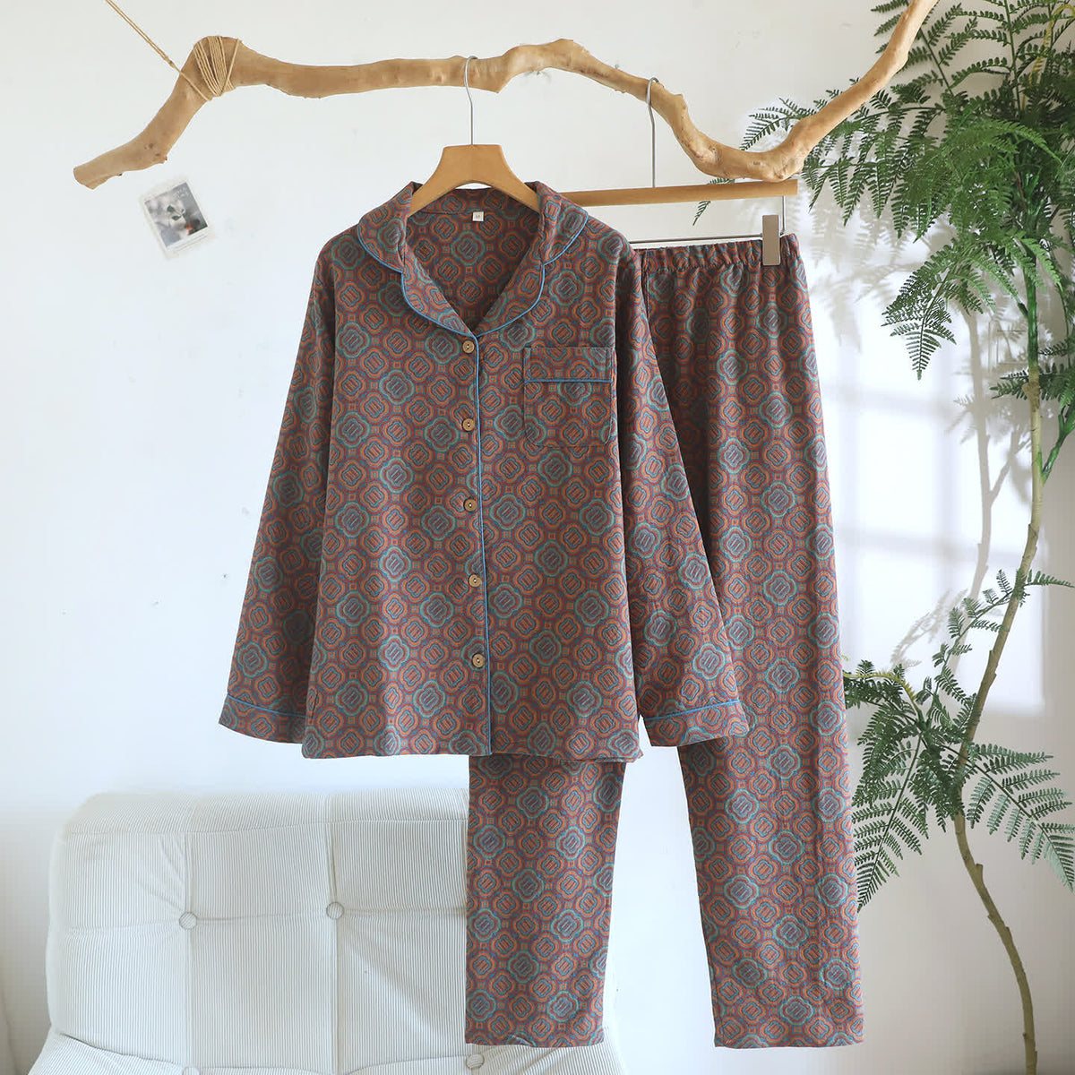 Completo pigiama minimalista in garza di cotone stampata - Marrone - XL - image 12