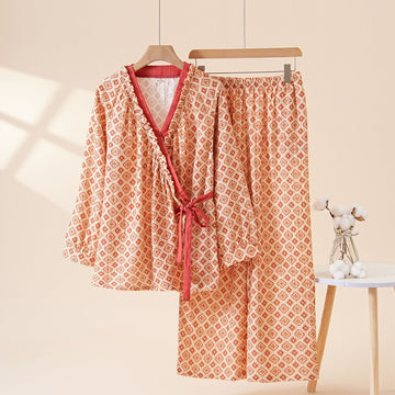 Completo da casa in cotone con volant geometrici - Beige - XL - image 0