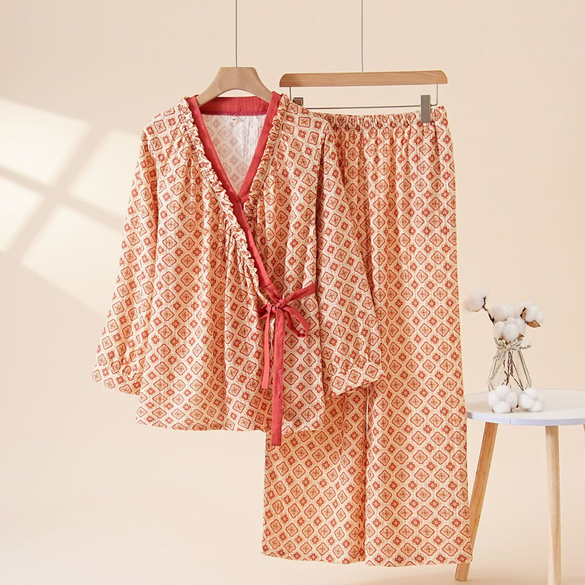 Completo da casa in cotone con volant geometrici - Beige - XL - image 0