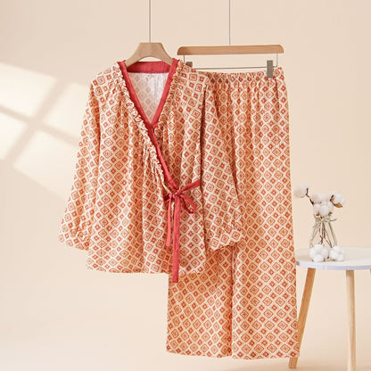 Completo da casa in cotone con volant geometrici - Beige - XL - image 0