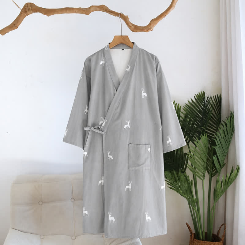 Kimono da coppia in garza di cotone con stampa di cervo. - Blu - L - image 11