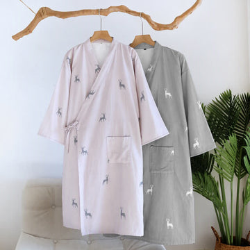 Kimono da coppia in garza di cotone con stampa di cervo. - image 0