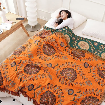 Trapunta reversibile in garza di cotone con motivo floreale e nappe - Blu scuro e arancione - Matrimoniale - image 6