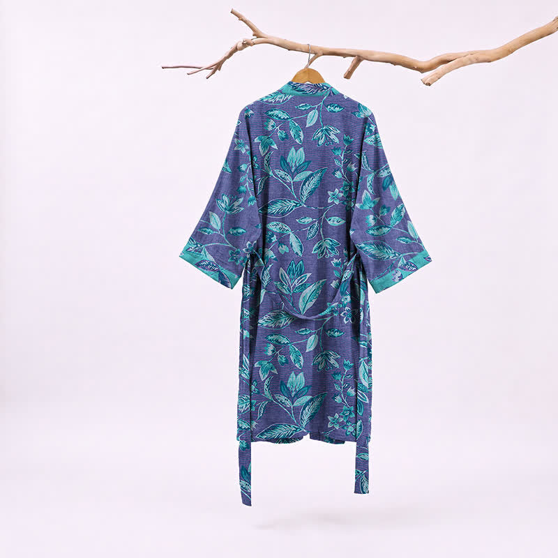 Kimono in cotone con foglie blu e viola - image 7