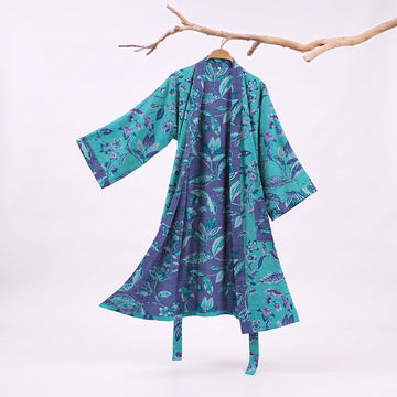 Kimono in cotone con foglie blu e viola - Blu - XL - image 0
