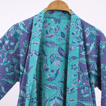 Kimono in cotone con foglie blu e viola - image 8