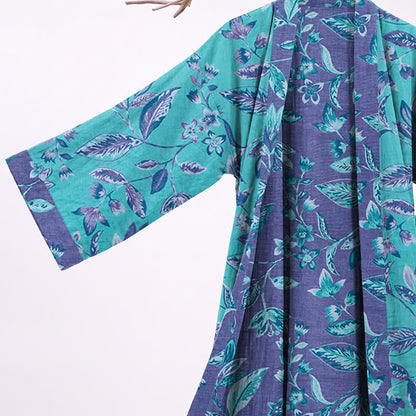 Kimono in cotone con foglie blu e viola - image 3