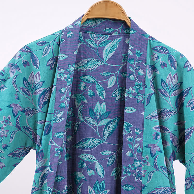 Kimono in cotone con foglie blu e viola - image 2