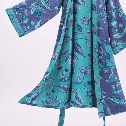 Kimono in cotone con foglie blu e viola - image 10