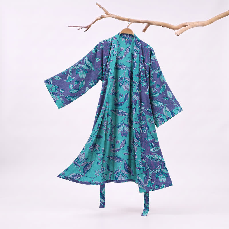Kimono in cotone con foglie blu e viola - Viola - XL - image 6