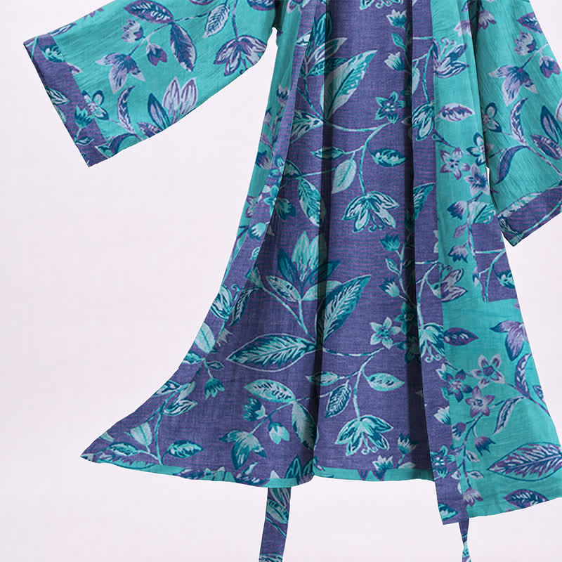 Kimono in cotone con foglie blu e viola - image 4