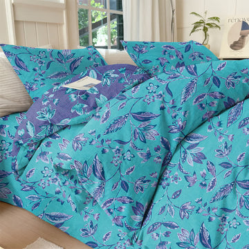 Set di biancheria da letto con copripiumino in cotone a fantasia fogliare blu e viola. - Blu - Set di biancheria da letto (4 pezzi) - Matrimoniale Grande - image 0