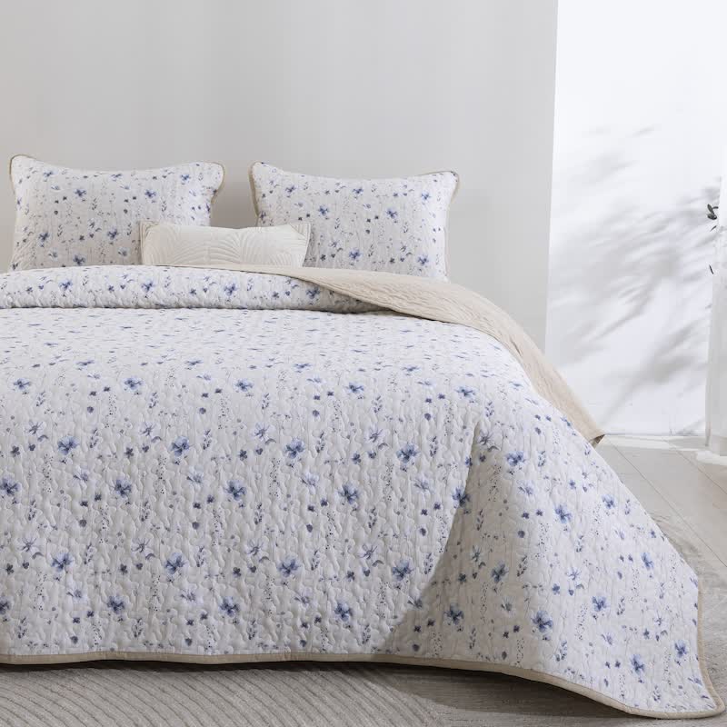 Set di trapunte in cotone con motivo floreale ad acquerello blu - Bianco crema - Trapunta con 2 federe - Matrimoniale Grande - image 1