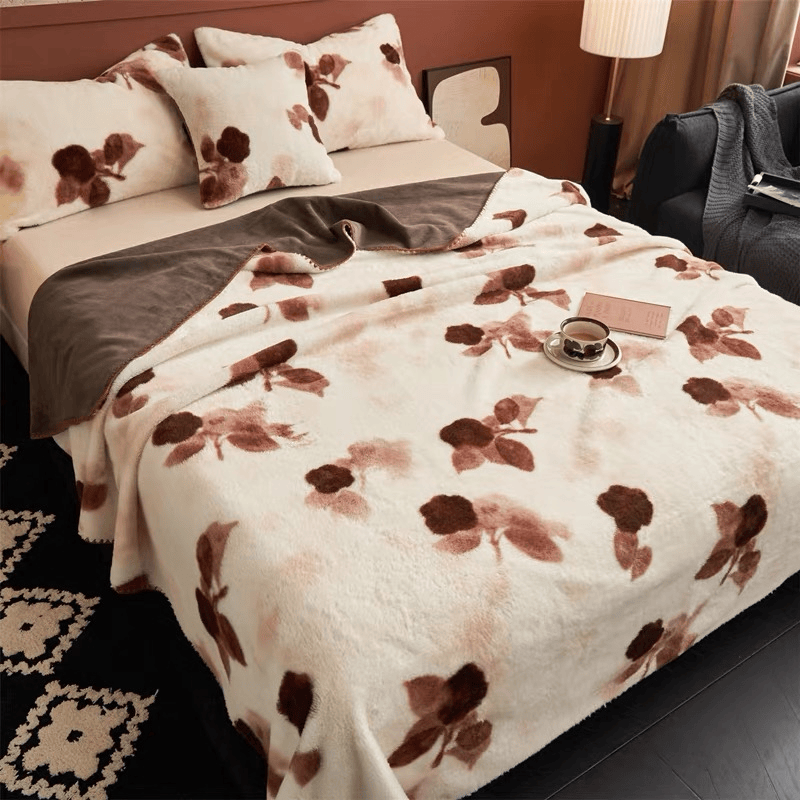 Coperta vintage in peluche con rose beige - image 3