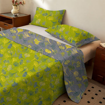 Set copriletto vintage in cotone con foglie di ginkgo verdi - Verde - Copriletto con 2 federe - Matrimoniale Grande - image 0