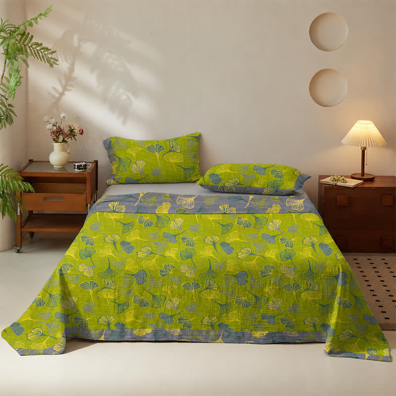Set copriletto vintage in cotone con foglie di ginkgo verdi - image 2
