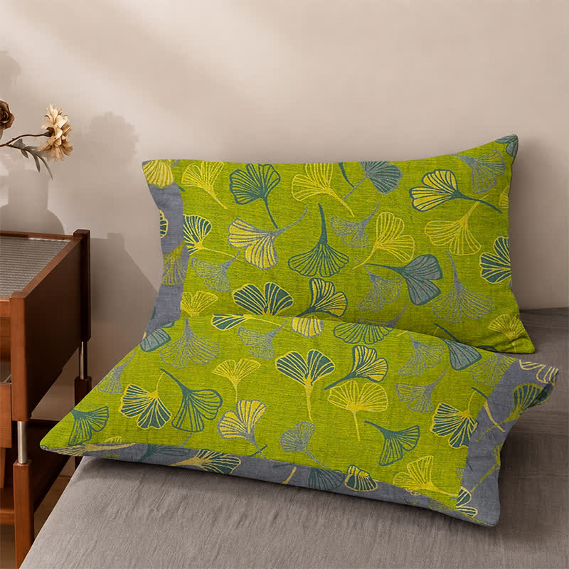 Set copriletto vintage in cotone con foglie di ginkgo verdi - Verde - 2 federe - 102 cm x 51 cm - image 4