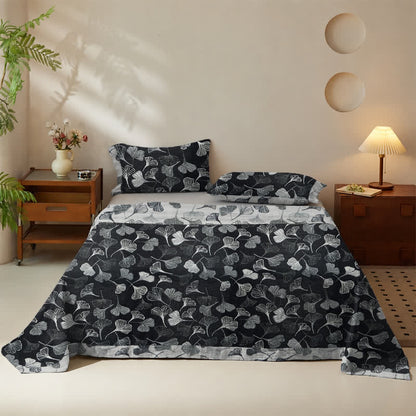 Set di biancheria da letto reversibile in cotone con motivo vintage a foglie di ginkgo nero - image 2