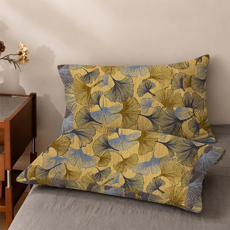 Set di biancheria da letto in cotone con foglie di ginkgo dorate - Giallo - 2 federe - 102 cm x 51 cm - image 4