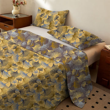 Set di biancheria da letto in cotone con foglie di ginkgo dorate - Giallo - Copriletto con 2 federe - Matrimoniale Grande - image 0