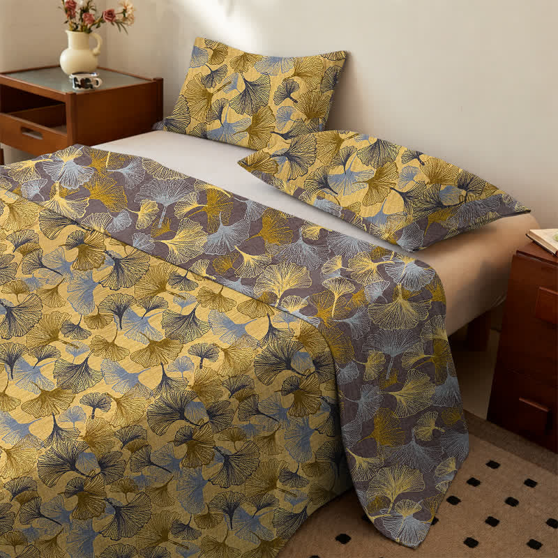 Set di biancheria da letto in cotone con foglie di ginkgo dorate - Giallo - Copriletto con 2 federe - Matrimoniale Grande - image 0