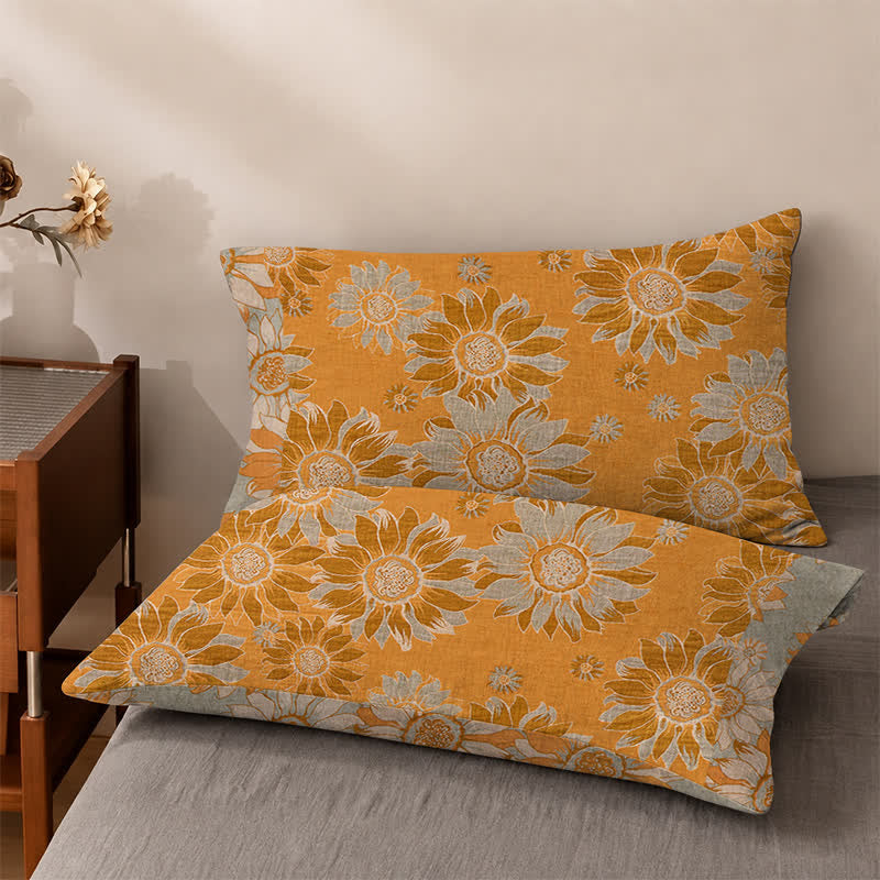 Copriletto in garza di cotone con motivo "Giardino di Girasoli" - Arancia - 2 federe - 40" x 50cm x 50cm - image 4