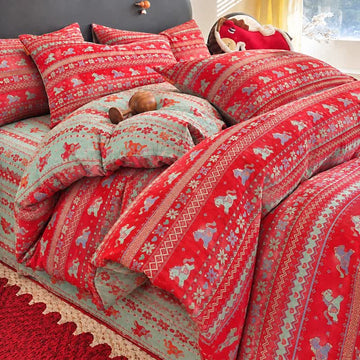 Set di biancheria da letto con copripiumino in cotone con motivo cavalli etnici. - Rosso e verde - Set di biancheria da letto (4 pezzi) - Matrimoniale Grande - image 0