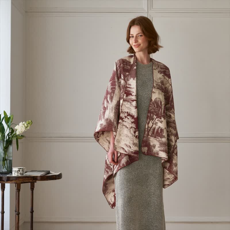 Poncho/scialle vintage in tela di cotone effetto giungla - Bordeaux - 130cm x 152cm - image 8
