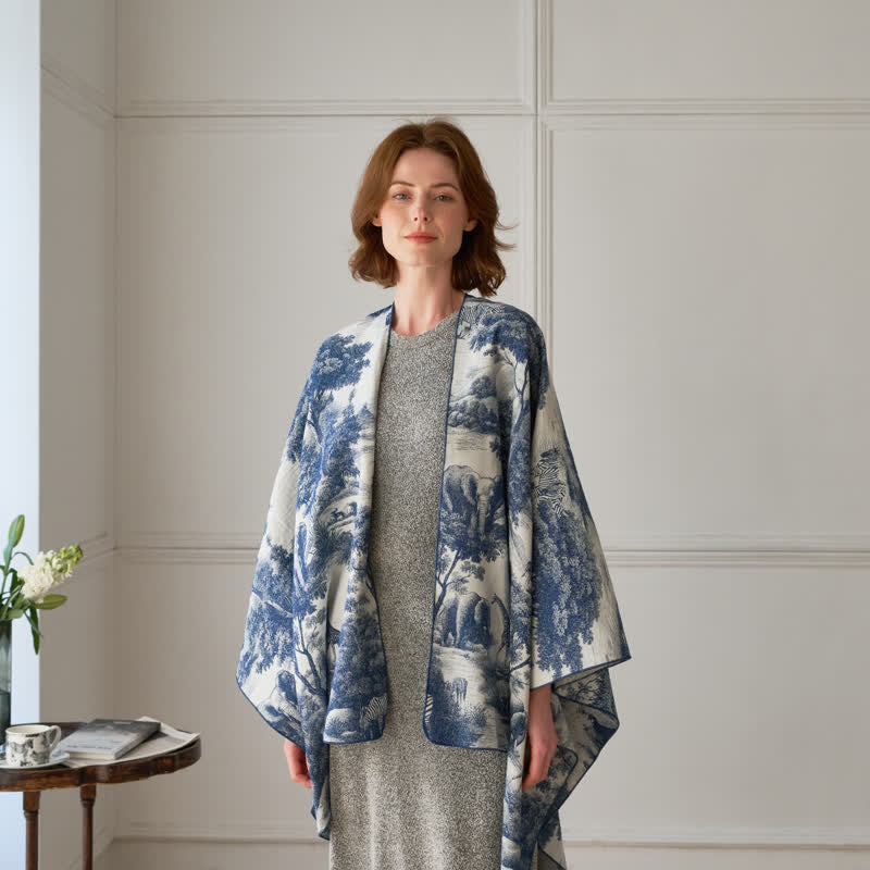 Poncho/scialle vintage in tela di cotone effetto giungla - Blu - 130cm x 152cm - image 0