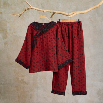 Pigiama in cotone con foglie di ginkgo e nappe orientali - 2XL - image 0