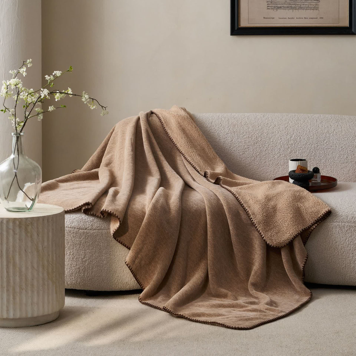 Coperta minimalista in pile sherpa a doppia faccia - Marrone - 200cm x 230cm - image 0