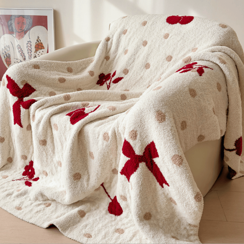Coperta in jacquard con fiocco bianco e ciliegie - Bianco - 130cm x 170cm - image 0