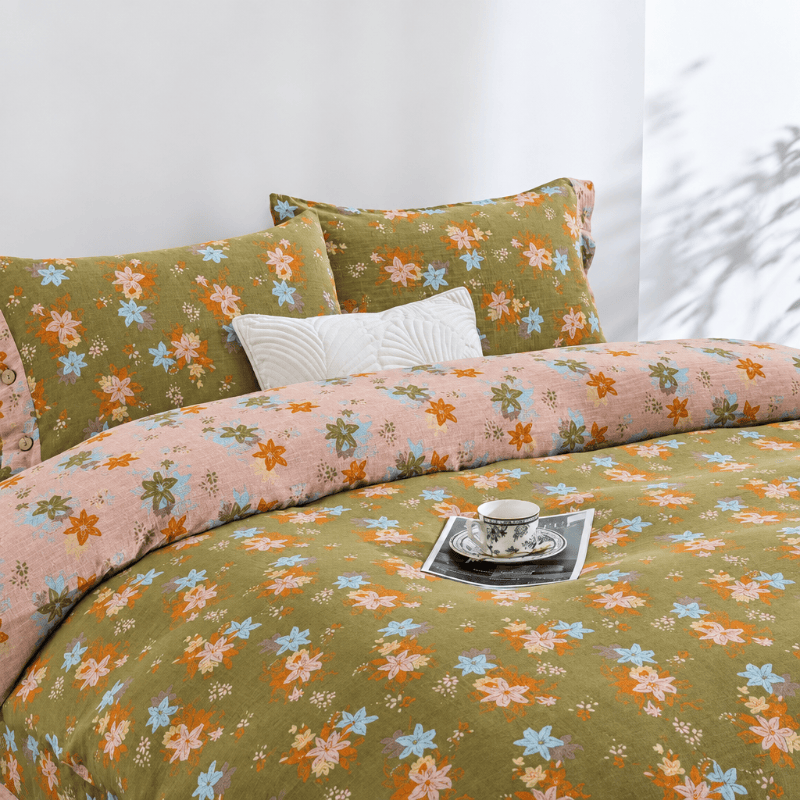 Set di biancheria da letto con copripiumino in cotone a fiori di melo selvatico. - Giallo - Set di biancheria da letto (4 pezzi) - Matrimoniale Extra Lungo - image 0