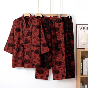 Set pigiama kimono in cotone con stampa zucca di Halloween - image 0