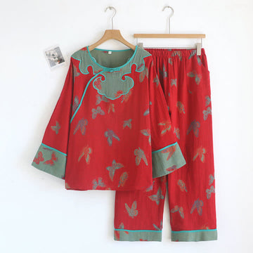Set pigiama vintage in cotone con farfalle e bottoni a rana - Rosso - XL - image 0