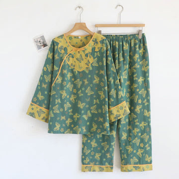 Set da salotto in garza di cotone con motivo farfalle pastorali - Verde - XL - image 0