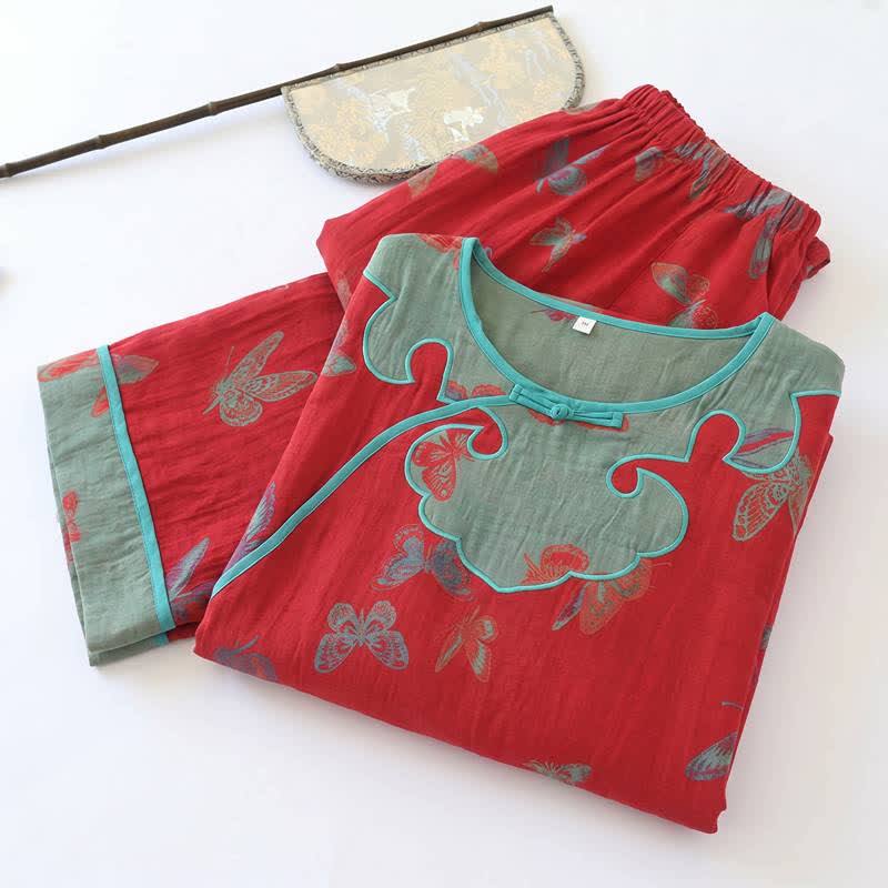 Set pigiama vintage in cotone con farfalle e bottoni a rana - image 1