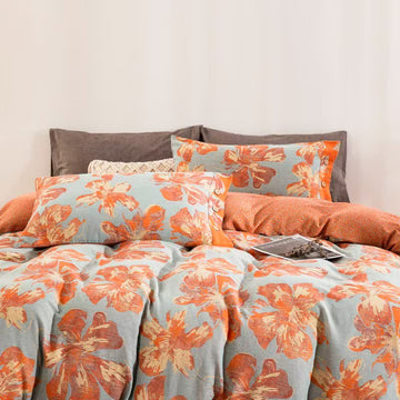Set di biancheria da letto con copripiumino in cotone con motivo floreale artistico. - Blu e arancione - Set di biancheria da letto (4 pezzi) - Matrimoniale Extra Lungo - image 0