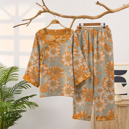 Set pigiama orientale in cotone con motivo girasole - Grigio chiaro - 2XL - image 6