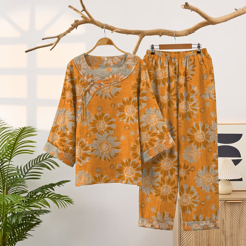 Set pigiama orientale in cotone con motivo girasole - Arancia - 2XL - image 0