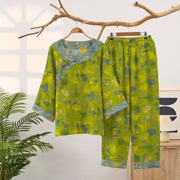 Set pigiama in cotone con motivo a foglie di ginkgo orientale - Verde - 2XL - image 0