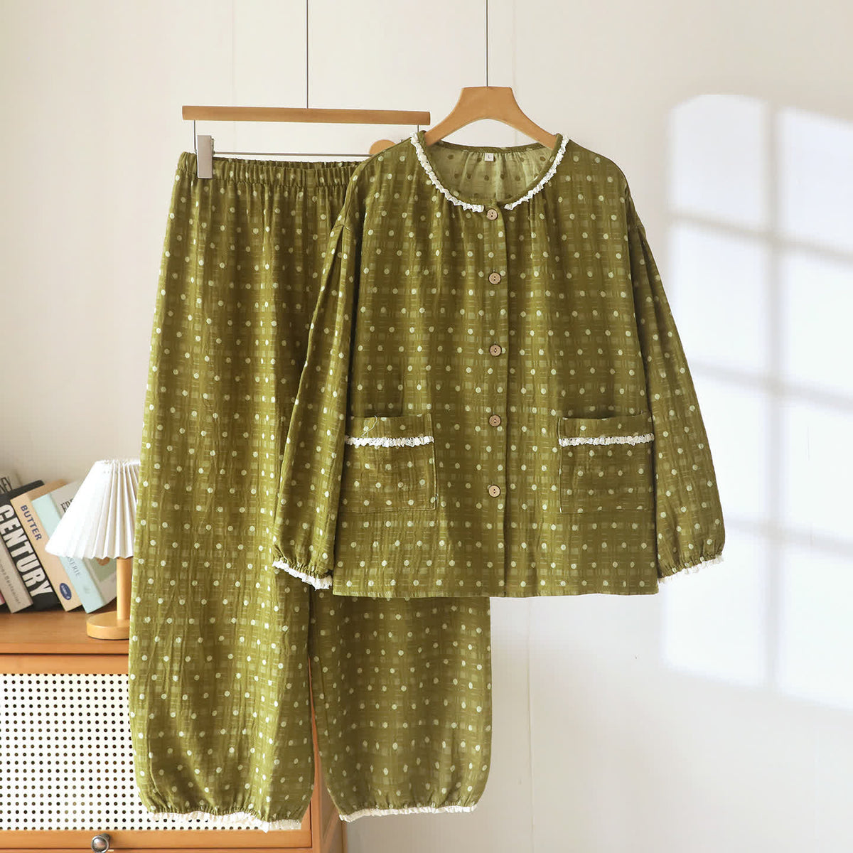 Completo da casa in garza di cotone a pois con pizzo - Verde - 2XL - image 10