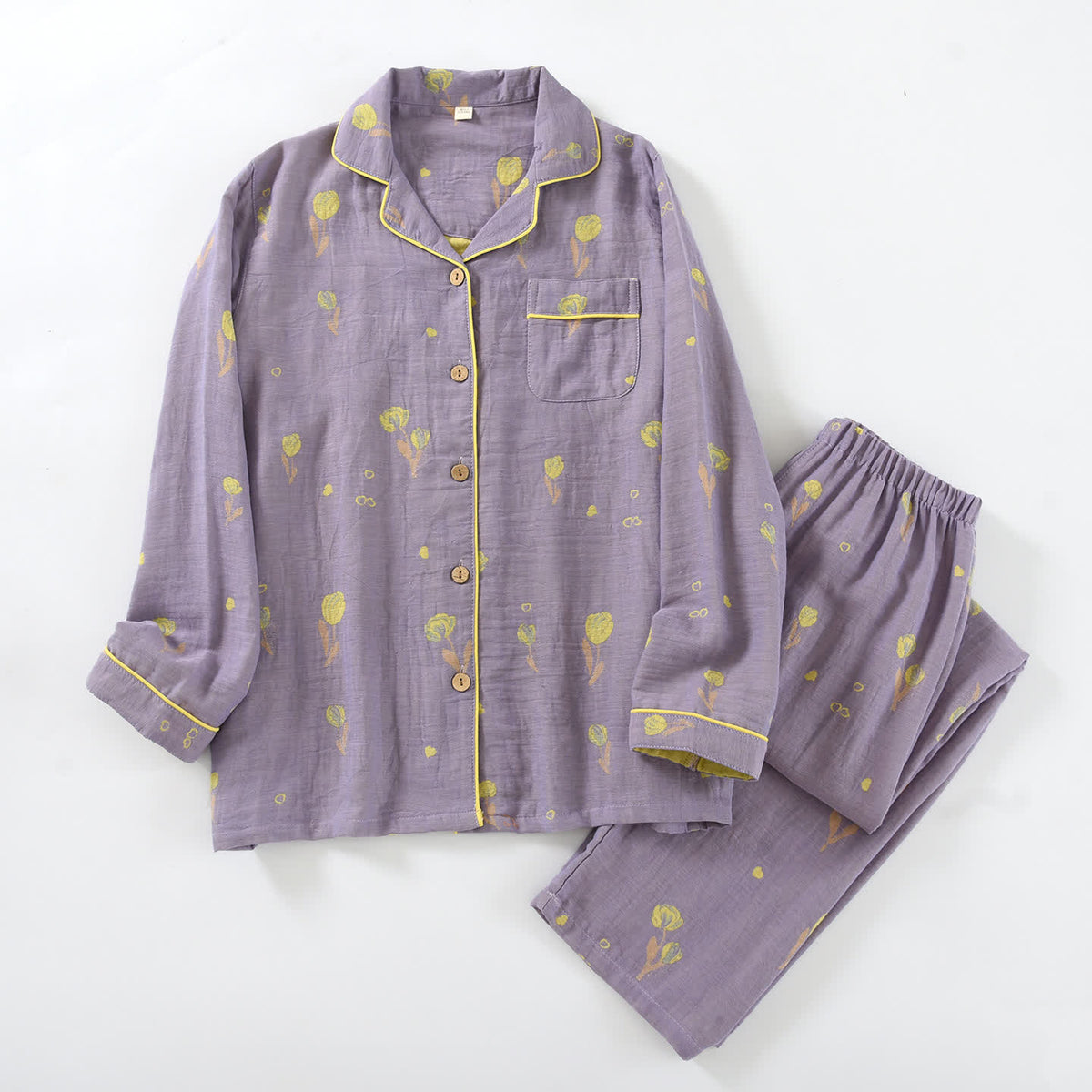 Completo da casa in cotone con profili a fantasia floreale - Viola - 2XL - image 13