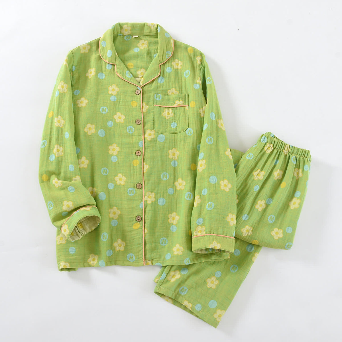 Completo da casa in cotone con profili a fantasia floreale - Verde - 2XL - image 12