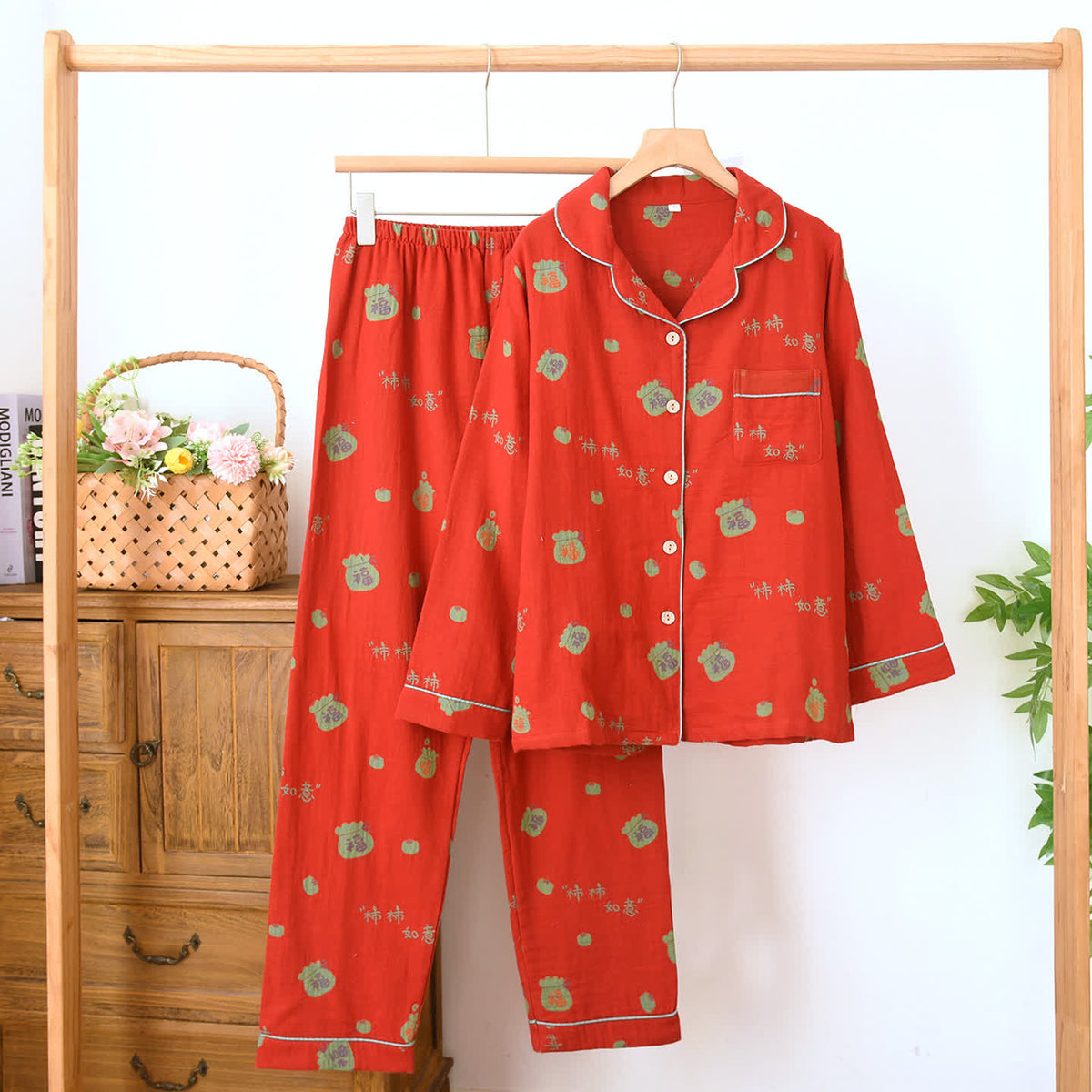 Set da salotto vintage in cotone rosso festivo - Rosso - Colletto a risvolto - XL - image 1