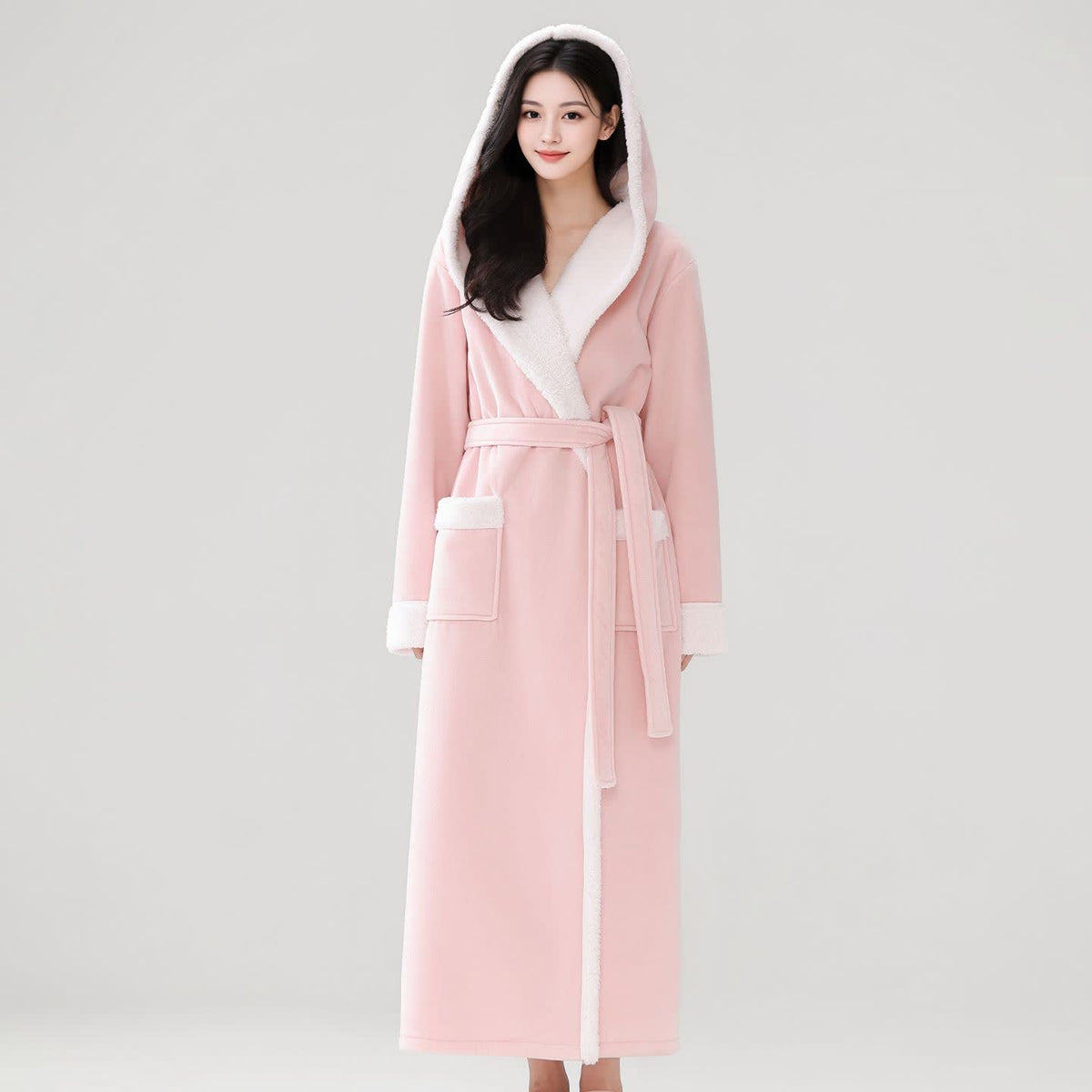 Accappatoio lungo con cappuccio in morbido tessuto sherpa, accogliente e confortevole. - Rosa - Donna XL - image 10