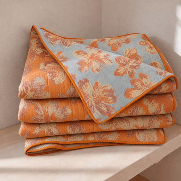 Trapunta reversibile in cotone con fiori arancioni e blu - Arancione e blu - Trapunta estiva - Matrimoniale Grande - image 0