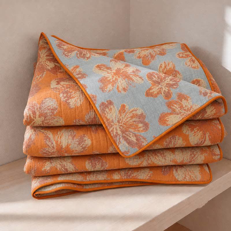 Trapunta reversibile in cotone con fiori arancioni e blu - Arancione e blu - Trapunta estiva - Matrimoniale Grande - image 0