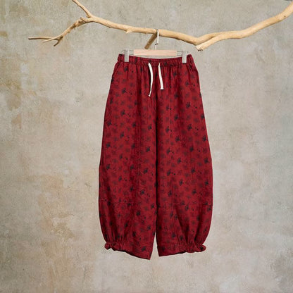 Pantaloni harem vintage in cotone con foglie di ginkgo - Rosso - 2XL - image 0